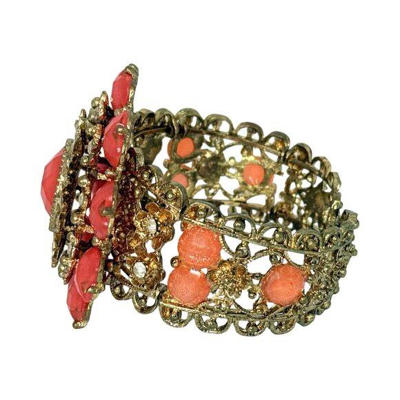 Pink And Orange Rhinestone Heart Flower Clamp Statement Bracelet 6.7" VTG - Picture 4 of 12